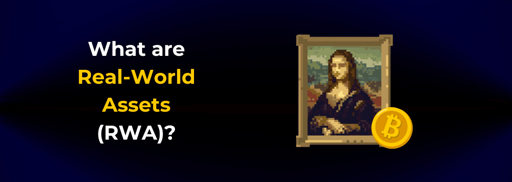 English text on the left side of the visual with Bitcoin logo and Mona Lisa Pixel art on the right side BIG