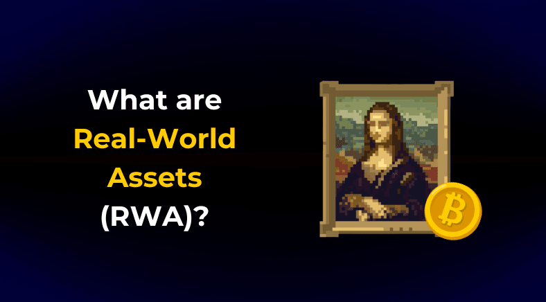 English text on the left side of the visual with Bitcoin logo and Mona Lisa Pixel art on the right side SMALL