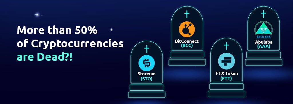English text on the left side of the visual with Digital Grave Stones of Dead Cryptocurrencies on the right side 1000x300