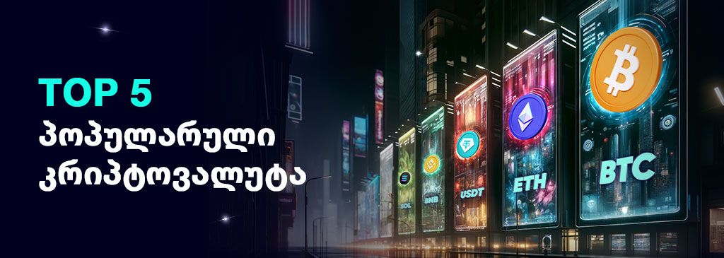 Georgian text on the left side of the visual with Cryptocurrency banners on the right side 1000x300