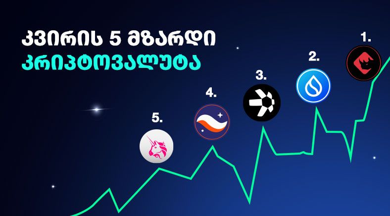 Georgian text on the left side of the visual with Cryptocurrency logos and green chart on the right side 400x700