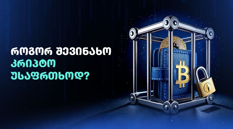 Georgian text on the left side of the visual with bitcoin wallet locked in the vault on the right side 400x700