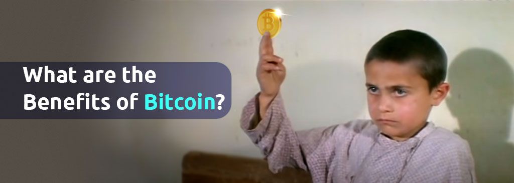 English text on the left side of the visual and boy with bitcoin logo in the hand on the right side