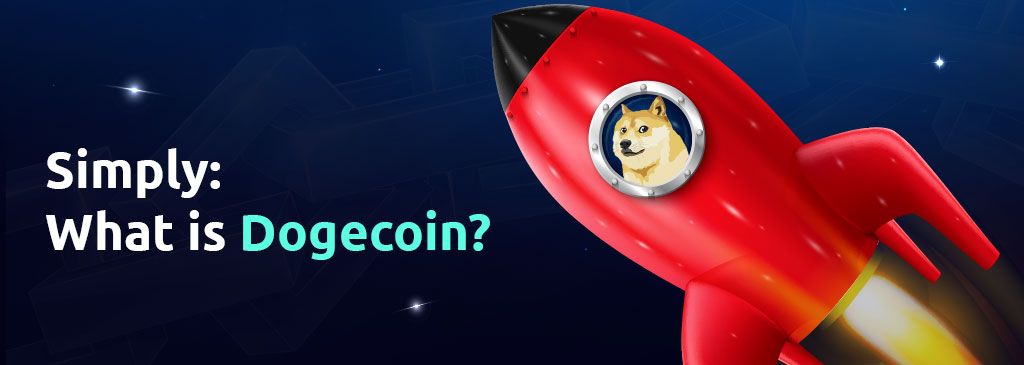 Dogecoin Cryptocurrency Symbol Shiba Inu Dog sitting in a space shuttle with English Text on Left